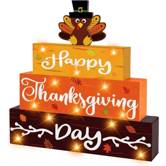 Thanksgiving Decoarations Wooden Block Sign with Led Lights- Happy Thanksgiving - Picture 1 of 7